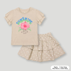 Bộ cho bé gái mùa hè Bigfox Miss Meow size đại áo cotton mix chân váy chấm bi in hoa cỡ 3691011 tuổi 30kg 40kg 1948