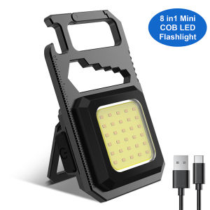 DISOUR 8 IN 1 COB LED Small Flashlight 800Lumens550mAh RechargeableCarabinerBottle OpenerRulerHex WrenchesBracket KnobMagnetic Suction BaseCollapsible BracketFor Walking Camping Car Portable Mini Outside Work Light Lantern