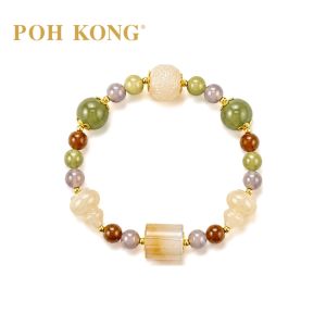 POH KONG 999/24K Yellow Gold Multi-Colour Nephrite with Barrel-Shape Jade Bracelet