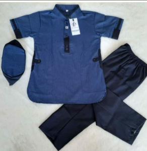 Setelan Baju Koko Anak Lengan Pendek & Celana + Peci 3-12 Tahun Bahan Katun Madinah Model Kurta Alif