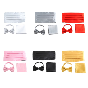 Adult Men Necktie Set with Pocket Handkerchief Cummerbund Set Formal Event Attire Wedding Tuxedo Bestman Accessory 3pcs