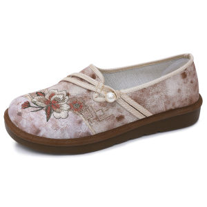 Free Shipping Womens Spring Shoes Ethnic-Style Canvas Shoes Soft-Soled Comfortable Slip-On Flats Mom Shoes Slip-On Flats Mom Shoes.
