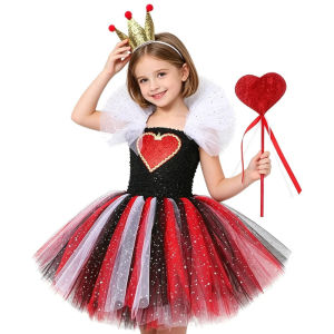 11.11 Fairytale Heart Pattern Tutu Costume Black Top Sparkle Mesh Skirt with Crown Wand Accessory for Halloween Birthday Dress-up h2610
