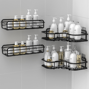 ที่วางของเข้ามุมสามเเหลียม ติดผนัง ไม่ต้องเจาะรู ชั้นวางของในห้องน้ำ ชั้นวางของในห้องครัว สีดำ