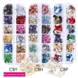 12 Grids Irregular Aluminum Foil Nails Art Sequins Gold Silver Galaxy Design Set Nail Glitter Flake DIY Accessories