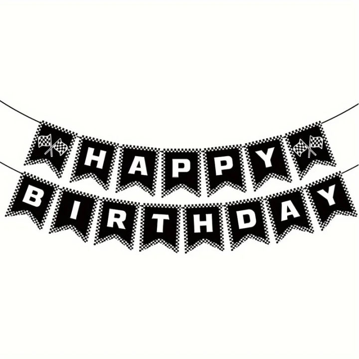 Race Car Themed Happy Birthday Banner - Black Background Party Decor