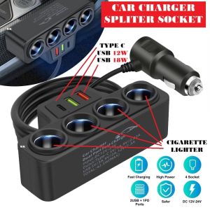 Car Lighter Socket Adapter Usb Type C 7 Way Charger Splitter Connector Ciggerette Lighter Charger 12V 24V QC 3.0 Lighter Power Adaptor Phone Charger Fast Charging 3 Pin Plug Converter