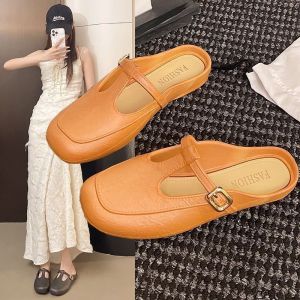 Free Shipping Summer New Style Mule Slippers Fashionable Outdoor Wear Comfortable Hollow Toe-Cap Stylish Square Toe Slip-On For Going Out