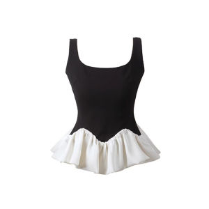 เสื้อกล้าม สายเดี่ยว สีพื้น เปิดไหล่ คอยู สม็อคยางยืดชายผ้า แต่งระบายสีครีม ผ้าโพลิเอสเตอร์ ใส่สบาย หรูหรา ชุดไปผับ #3121