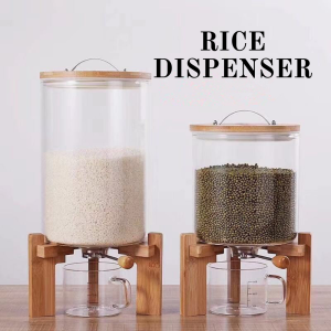 Crystal House Borosilicate Glass Rice Dispenser with Bamboo Lid Aesthetic Design Kitchen Rice Grain Dry Food Storage Bin