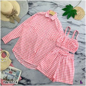 AK 16514 ชุดเซต 3 ชิ้น เสื้อเชิ้ตคลุมแขนยาว มีกระเป๋าหน้า มาพร้อมเสื้อบราสม้อคยางยืด