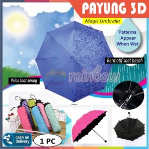 rainbow - 1 PC Payung 3D Lipat BONUS SARUNG PAYUNG Magic Umbrella 3D Payung Lipat 3 Payung 3 Dimensi Polos Jika kering Motif jika Basah - Warna Acak