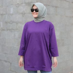 Kaos Oversize Wanita Lengan Panjang 7/8 Basic Polos Ungu Belah Samping Atasan Jumbo Dewasa LD 130