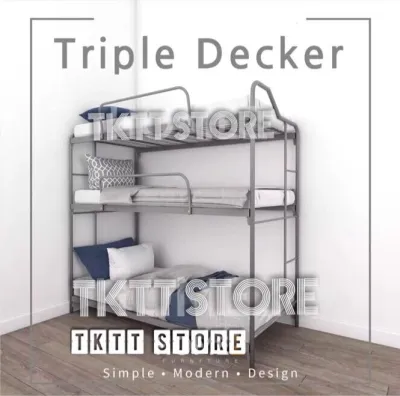 TKTT 3V TR906 Tower Single Triple Decker Bed/ Heavy Duty Metal Bunk Bed/ Double Decker Bed/ Single Metal Bed/ Homestay Bed/ Hostel Bunk Bed/ Divan/ Bed Frame/ Katil Besi 3 Tingkat Bermutu Tinggi