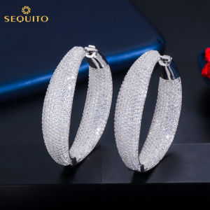 SEQUITO Bông Tai Vòng Tròn Lớn Đính Đá Cubic Zirconia Toàn Bộ Thời Trang Châu Âu Trang Sức Nữ Bản To Mạ Vàng 916 Ấn Độ SE395