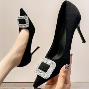 Free Shipping Suede Pointed-Toe Stiletto Heels With Rhinestone Square Buckle Comfortable For Spring And Autumn Lightweight Luxury Everyday And Party Shoes For Women
