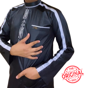 Baju koko Hitam Bordir Saudi Polyester Import lengan panjang les tangan Putih / Baju Pria Muslim Elit Mewah Berkelas dan Berkualitas Alghin Exclusive 55