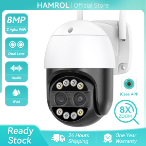 Hamrol 8MP 4K Dual-Lens 8X Zoom PTZ IP Camera WiFi Camera Color Night Vision Two Way Audio Outdoor CCTV Camera Connect to Cellphone
