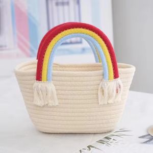 Rainbow Clouds Cotton Rope Woven Handbag Women Handmade Desktop Storage Organizert Picnic Fruit