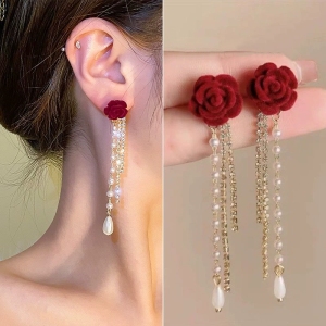 WineRed Pearl Rose Flower Earrings Retro Wedding Ear Studs Christmax New Year Jewelry Earring