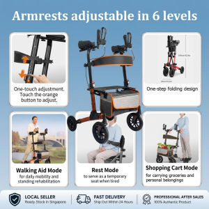 (SG STOCK) 3-IN-1 Multifuncational Rollator Walker with Seat and Brakes Lightweight Folding Adjustable Height All Terrain Rolling Walker 4 Wheels