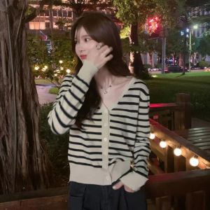 IELGY Striped knitted cardigan womens loose thin V-neck long-sleeved top