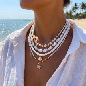 BENYTRO 4Pcs/Set Boho Starfish Pendant Necklace Beads Multilayer Seashell Choker Vintage Imitation Pearl Shell Choker Women