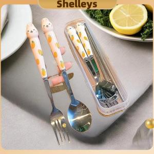 [Shelleys] 3pcs dễ thương thiết lập dao kéo phim hoạt hình Bunny thép không gỉ gương đánh bóng Flatware Bộ muỗng và nĩa đũa đặt hộp lưu trữ