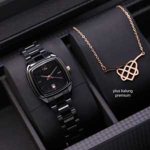 Jam Tangan Fashion Wanita Foxxil Persegi Tanggal Rantai Stainless Steel Free Kalung Titanium Mewah