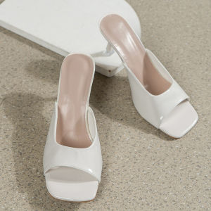 [Free Shipping] WomenS Plus Size Patent Leather High Heel Slippers New Summer Square Toe Solid Color One-Strap Sandals Heels