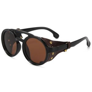 COUPLECOL Leather Side Retro Round Glasses Polarizing Night Vision Anti Wind Vintage New Lightweight Steampunk Sunglasses Outdoors