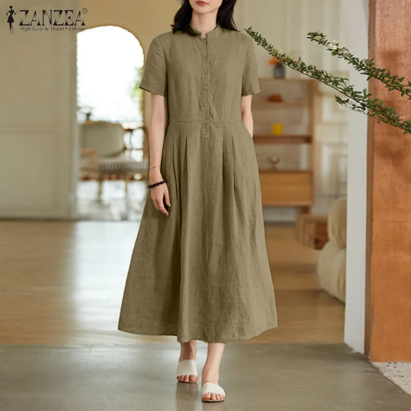 Esolo ZANZEA Korean Style Women Elegant Solid Cotton Linen Maxi