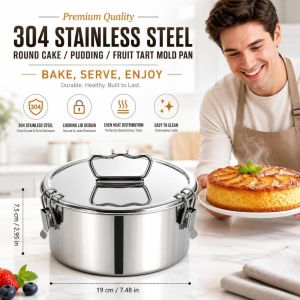 CHUAN có nắp Khuôn nướng bánh flan Thép không gỉ Dung tích 1.5QT Khuôn làm bánh pudding Bền bỉ Không chứa BPA Khuôn làm bánh flan Nướng bánh ngày lễ