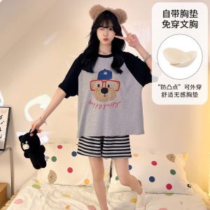 New Summer Ins Style Sweet Pijama Womens Simple Loose Short Sleeve Short Pajamas Student Girls Dormitory Sleepwear Set with Chest Pad