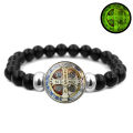 Holy Light Saint Benedict Medal Bless Luminous Bracelet Versatile Black Elastic Beaded Glow Catholic CSPB Bracelet （CRUX S PATRIS BENEDICTI）. 