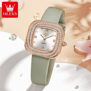 OLEVS Watch For Women Waterproof Original 2024 New Korean Style Square Diamond Dial Elegant Fashion Leather Strap Ladies Watch