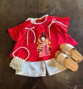 Bộ Mỹ Nhân In Hình Cho Bé Gái Mặc Tết Có Nơ Chất Gấm +Quần Lụa MềmVòng Ngọc Cho Bé Gái SIZE Từ 7 - 43 Kg BB03