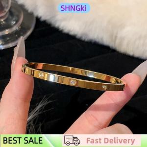 SHNGki High-end 18K Golden Titanium Steel Non-Fade Bracelet Female Plain Ring Zircon Bracelet Light Luxury Niche Bracelet