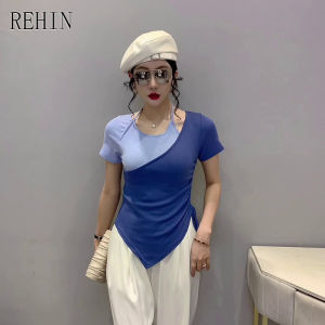 REHIN Womens top Hanging neck thin strapless collision colour stitching short sleeve T-shirt drawstring design niche elegant blouse