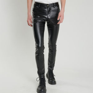 Thoshine Brand Men Leather Pants Skinny Fit Elastic Fashion PU Leather Trousers Motorcycle & Biker Pants Waterproof