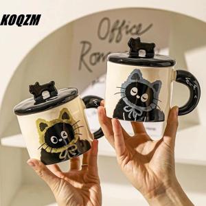 KOQZM Cute Cat Ceramic Mug With Lid Coffee Cup Drinking Cup Office Gift Practical Birthday Gift