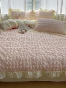 ins Princess Style Washed Cotton Four-Piece Set Bubble Gauze Girly Heart Bed Sheet Duvet Cover Single Student Dormitory Three-Piece Set LZD