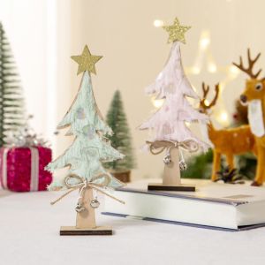 TRANQUIL HUT 2pcs Small Bell Mini Christmas Trees Stars Wooden Artificial Christmas Trees Ornaments Simulation Plant Christmas Pine Tree Christmas Decoration