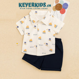 Set sơ mi bé trai Keyer Kid Áo kate mềm họa tiết ô tô + quần kaki | Đồ bé trai 10–22kg SM15