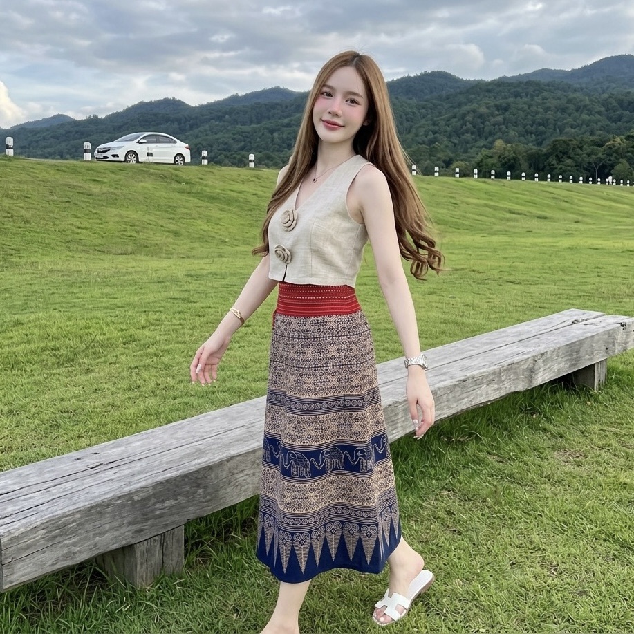 LANNA กระโปรงผ้าไทยทรงเอ ผ้าฝ้ายพิมพ์ลาย ใส่สบาย พรางพุง สวยทุกวัน มุมมองที่ 5