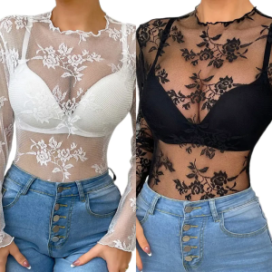 Mesh Top for Women Long Sleeve Mock Neck Sheer Blouse See Through Floral Lace T-Shirt Slim Fit Shirt Cover Up Clubwear