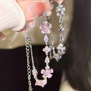 Pink Zircon Bracelet INS Girl Bracelet Adjustable Cherry Blossom Bow Bracelet Hand Chain