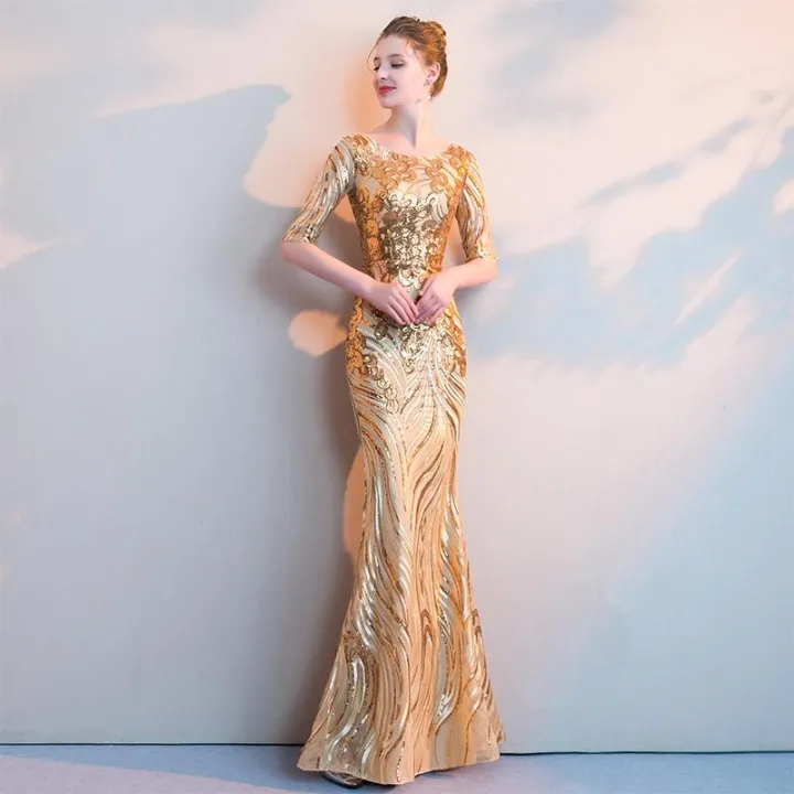 Golden evening dress skirt female 2022 new banquet noble and