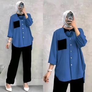 Setelan Wanita Atasan Celana Panjang Allena One Set Lengan Tangan Karet Crinkle Airflow | Setelan Wanita Atasan Celana Kulot Kancing Aktif Pinggang Karet Crinkle Airflow