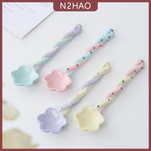N2HAO 1 cái gốm dài xử lý muỗng dễ thương Kem tay sơn tráng miệng muỗng với dài xử lý Bộ đồ ăn nhà bếp phụ kiện